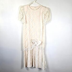 Vintage Barbara Chodos Tea Length Dress Womens 12 Cream Lace Romantic Victorian